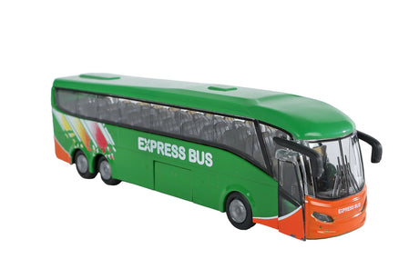 Kids Globe Traffic die cast coach bus toy in green and orange with Express Bus livery, clear windows showing interior seats, on white background