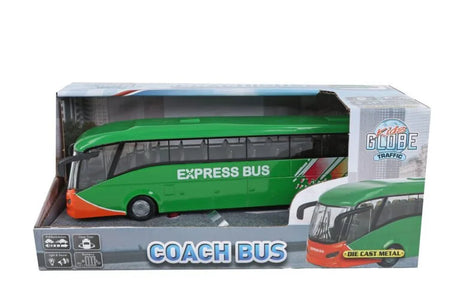 Kids Globe Traffic die cast coach bus in retail box showing green Express Bus model with light, sound and open door features listed on packaging