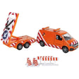 Kids Globe orange Volkswagen Transporter viewed from the right side, with detached arrow sign trailer, traffic cones and roadwork barriers.