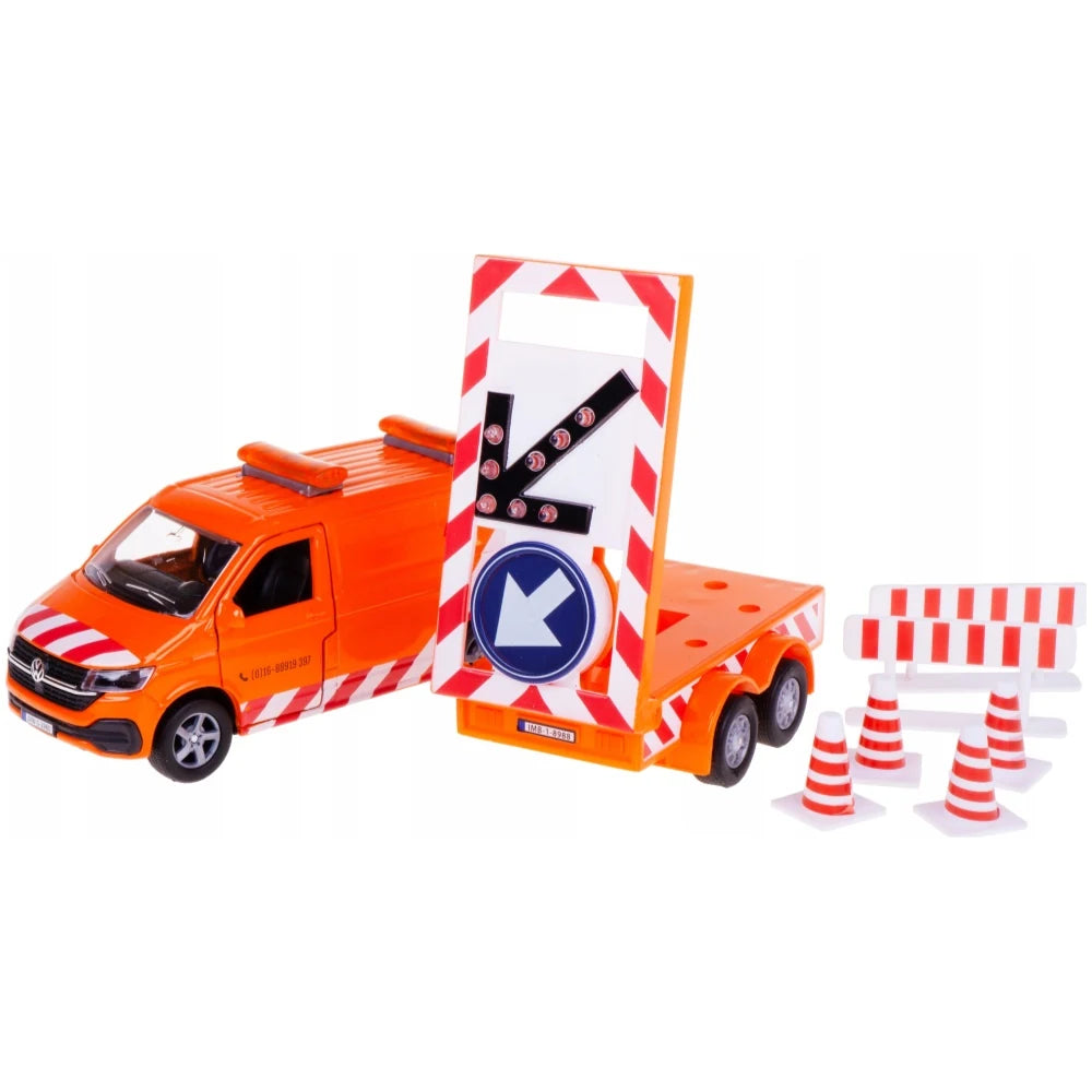 Kids Globe orange VW Transporter with raised directional arrow trailer, blue keep left sign, four traffic cones and two red and white road barriers on a white background.