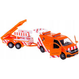 Kids Globe orange VW Transporter with open front door, attached roadworks trailer, raised arrow board and traffic cones and barriers stored on the trailer.