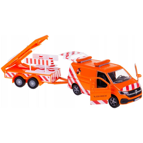 Kids Globe orange VW Transporter with open front door, attached roadworks trailer, raised arrow board and traffic cones and barriers stored on the trailer.