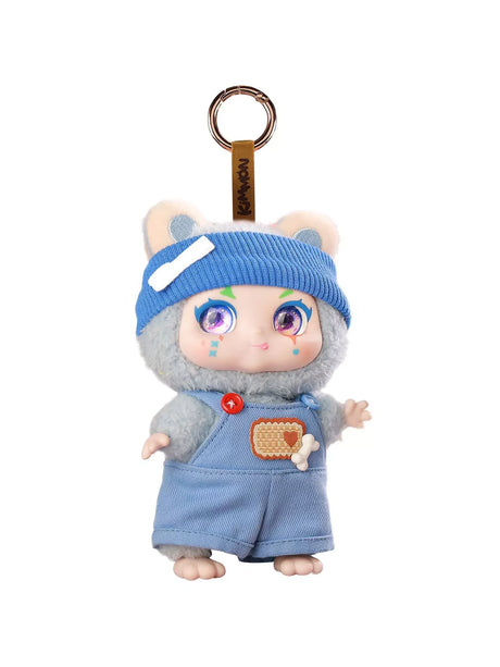 Kimmon Mimon blue plush doll wearing beanie and overalls with attached keychain from the mystery box collection in Ireland
