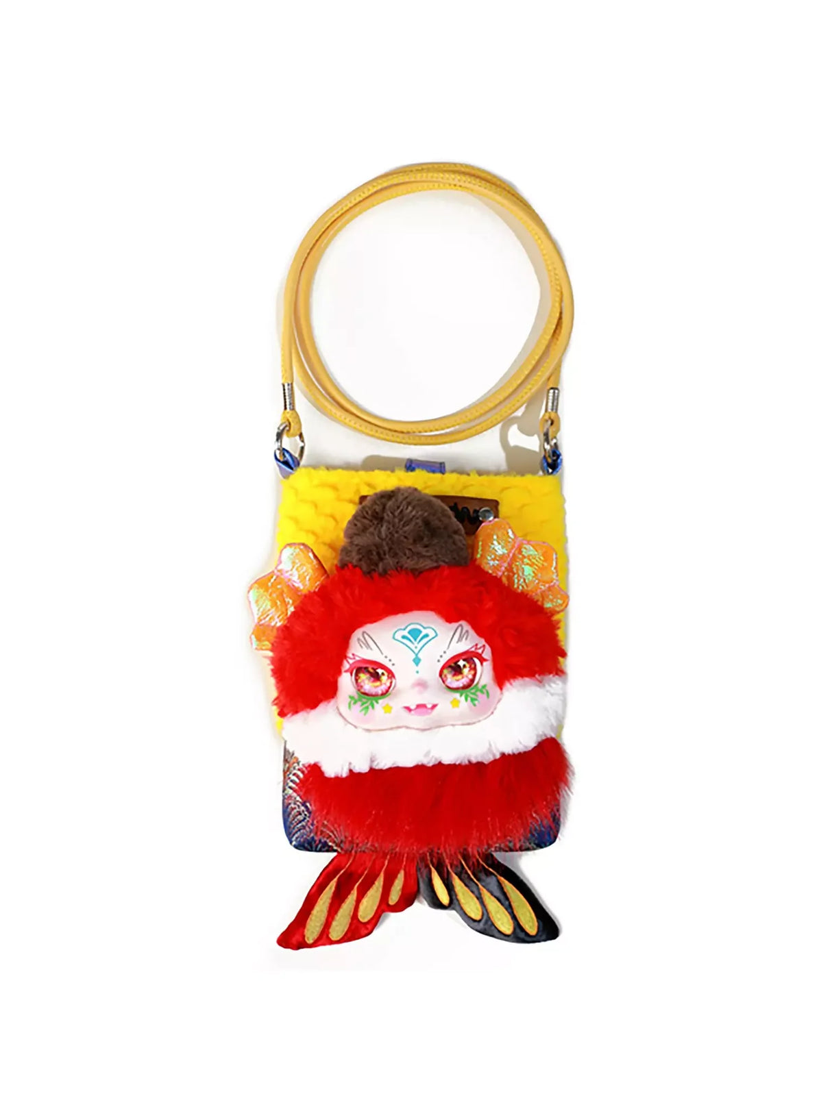 Kimmon Travel Cute Pet plush cross body bag in red with yellow strap and decorative fins