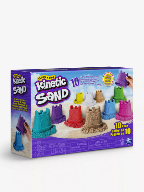 Angled view of Kinetic Sand 10 Pack retail box with 10 coloured castles – Ireland
