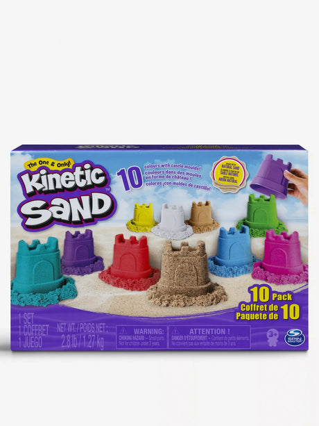 Front of Kinetic Sand 10 Pack box showing coloured castle moulds – Ireland