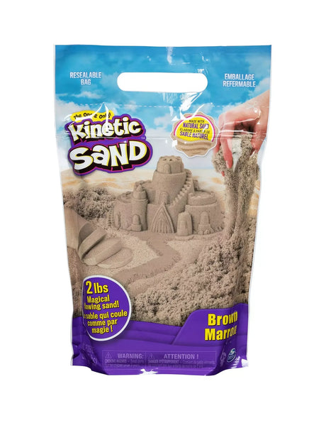 Front of Kinetic Sand 2lb brown resealable pack with sandcastle artwork – Ireland