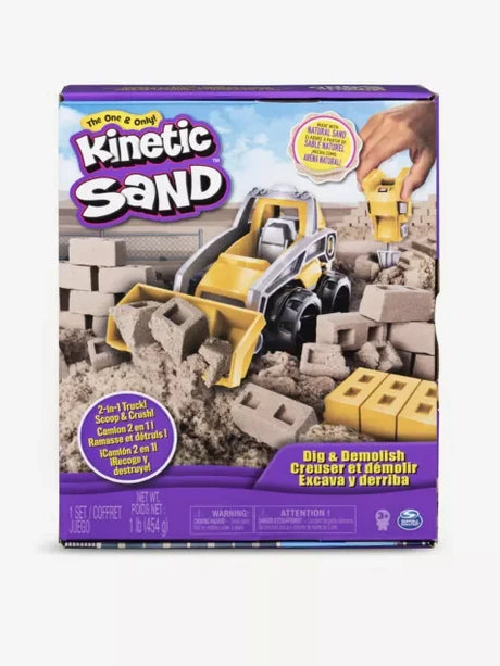 Kinetic Sand Dig & Demolish playset box back showing truck and jackhammer tool – in Ireland.