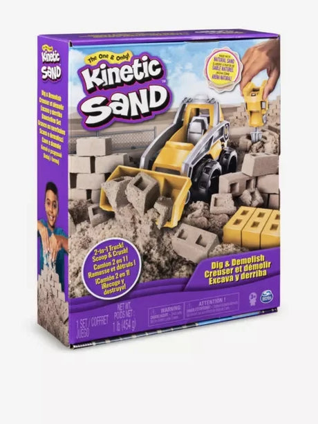 Kinetic Sand Dig & Demolish playset box front with construction truck – in Ireland.
