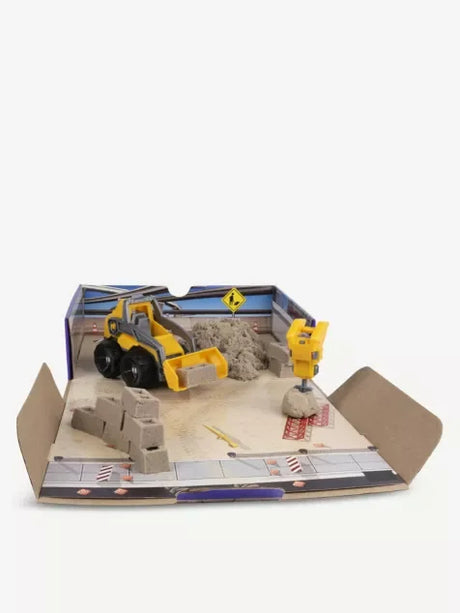 Kinetic Sand Dig & Demolish truck set up with play sand and construction-themed box – in Ireland.