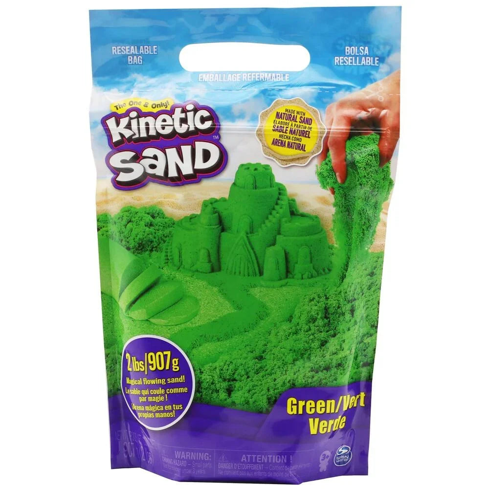 Green Kinetic Sand resealable bag with sandcastle graphic and hand pouring sand – Ireland