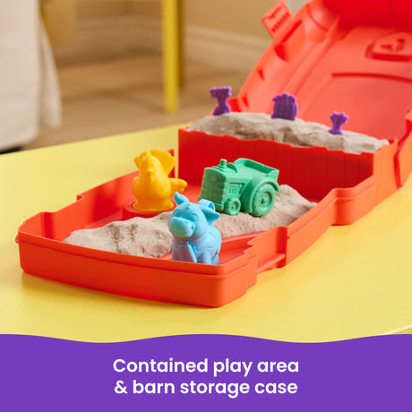 Open barn storage with cow, chicken, tractor, and sand play in Kinetic Sand Sandy Farm Set in Ireland.