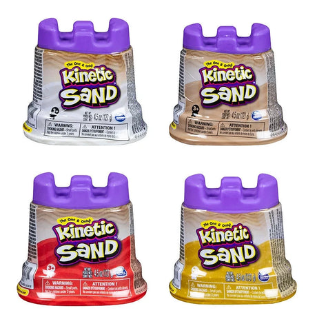 Four Kinetic Sand single containers in white, natural sand, red and yellow colours