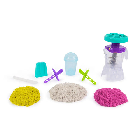 Kinetic Sand Smoothie Mixer with mixer, smoothie cup, popsicle mould, tools and three colours of sand
