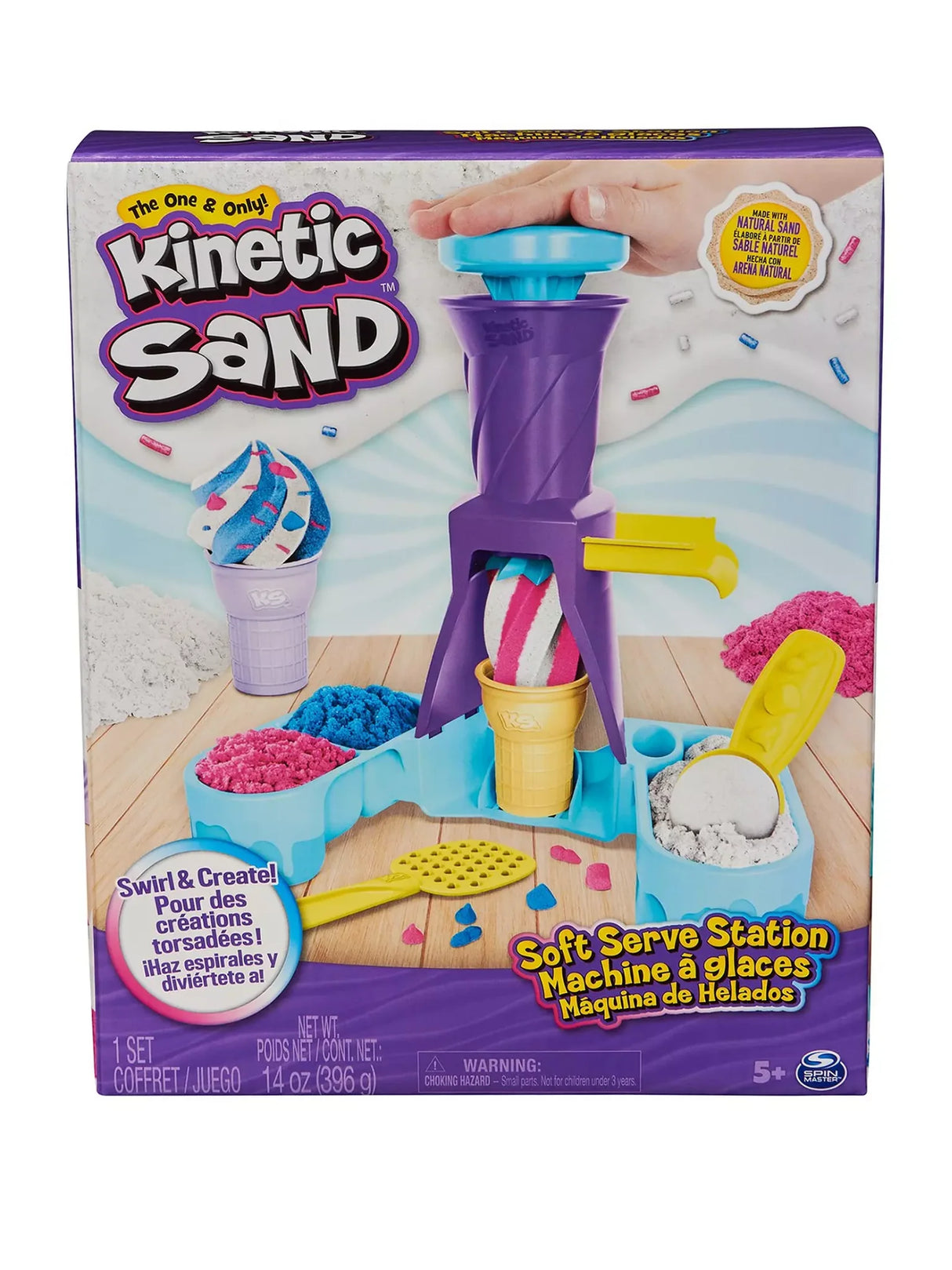 Kinetic Sand Soft Serve Station boxed playset showing ice cream maker, cones, and colourful sand inside