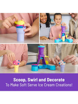 Family using Kinetic Sand Soft Serve Station to scoop, swirl, and decorate colourful ice cream sand creations