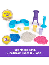 Kinetic Sand Soft Serve Station set with pink, blue, and white sand, ice cream cones, and tools displayed