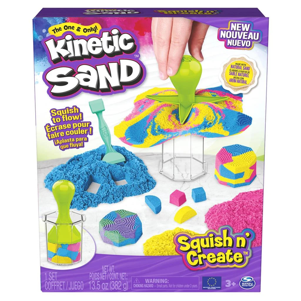 Kinetic Sand Squish N' Create box showing sand tools, coloured sand and 3 plus age mark