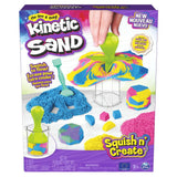 Kinetic Sand Squish N' Create box showing sand tools, coloured sand and 3 plus age mark