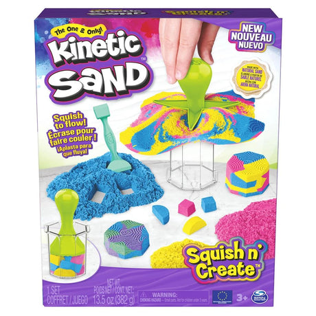 Kinetic Sand Squish N' Create box showing sand tools, coloured sand and 3 plus age mark