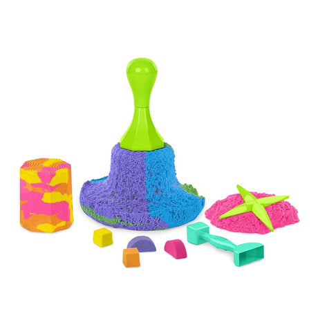 Kinetic Sand Squish N' Create with green squisher tool, turquoise stamper tool and coloured sand shapes