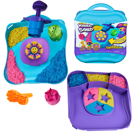 Kinetic Sand SquishMotion playset case open with colorful sand tray stamper tool and accessories in Ireland.