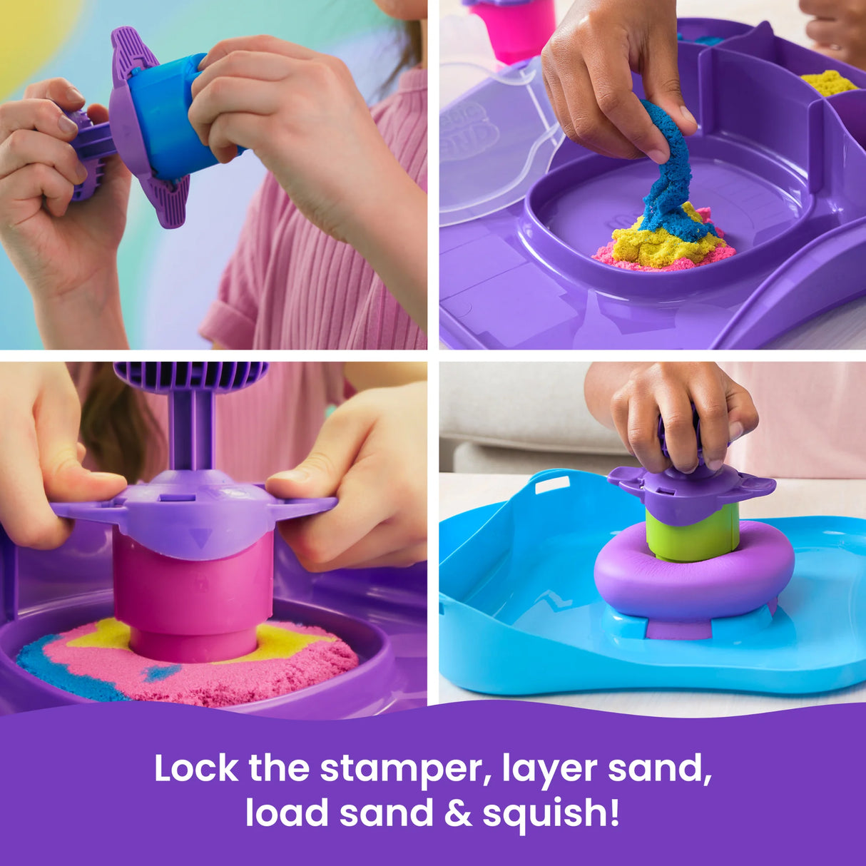 Children playing with Kinetic Sand SquishMotion playset using stamper tool and layered sand creations in Ireland.