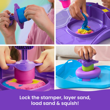 Children playing with Kinetic Sand SquishMotion playset using stamper tool and layered sand creations in Ireland.