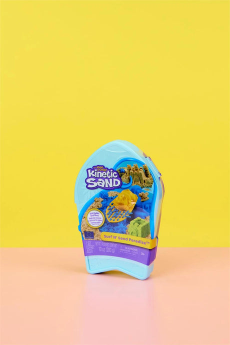 Kinetic Sand Surf N' Sand Paradise closed blue surfboard shaped case with product sleeve