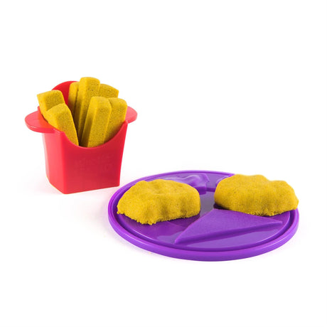 Kinetic Sand Surprise Takeout Treats with fries, nuggets and purple plate