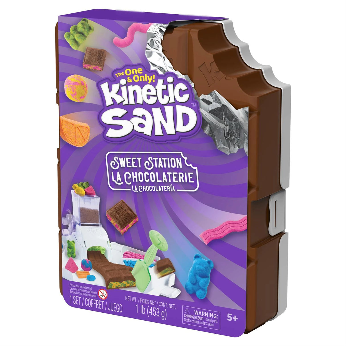 Kinetic Sand Sweet Station packaging shown at an angle with chocolate bar shaped side