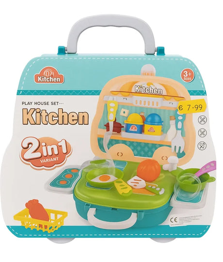 Front view of the Kitchen Play House Set 2 in 1 with carry case and toy food accessories – Ireland
