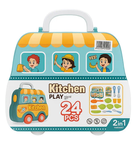 Back view of Kitchen Play House Set showing 24 toy pieces and cartoon packaging – Ireland
