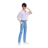 KPop Demon Hunters Saja Boys Jinu Doll full view wearing his Soda Pop outfit and pink sunglasses