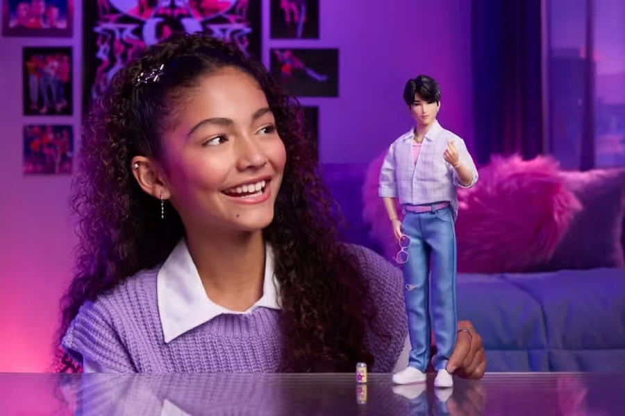 KPop Demon Hunters Saja Boys Jinu Doll displayed in a play scene with his Soda Pop outfit
