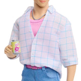 KPop Demon Hunters Saja Boys Jinu Doll holding the soda can accessory with a close view of his white checked shirt and pink top