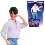 KPop Demon Hunters Saja Boys Jinu Doll wearing pink sunglasses beside the retail packaging