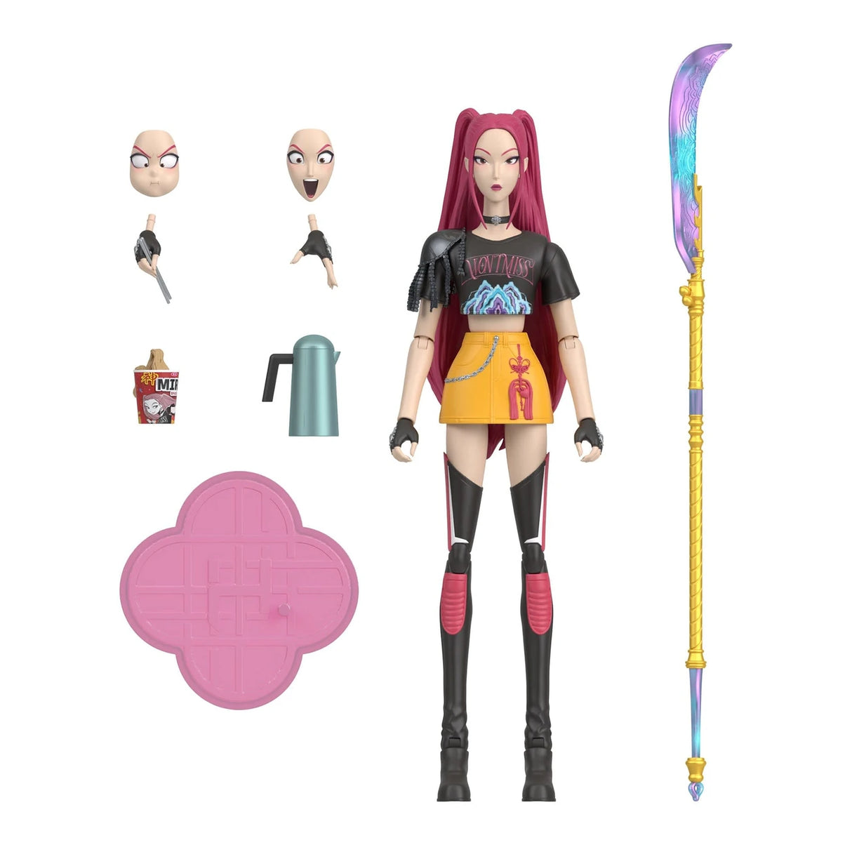 KPop Demon Hunters HUNTR/X Mira Action Figure with Curved Moon Sword, interchangeable faces and hands, ramyeon cup, tea kettle and pink display stand