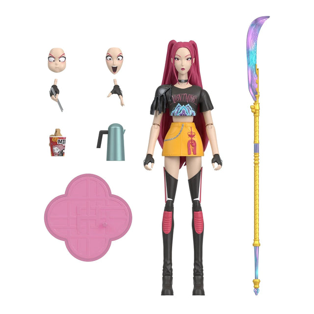 KPop Demon Hunters HUNTR/X Mira Action Figure with Curved Moon Sword, interchangeable faces and hands, ramyeon cup, tea kettle and pink display stand