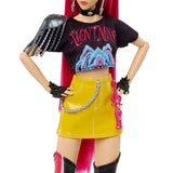 KPop Demon Hunters HUNTR/X Mira Doll close view of her black crop top, yellow skirt, chain belt, gloves and shoulder detail