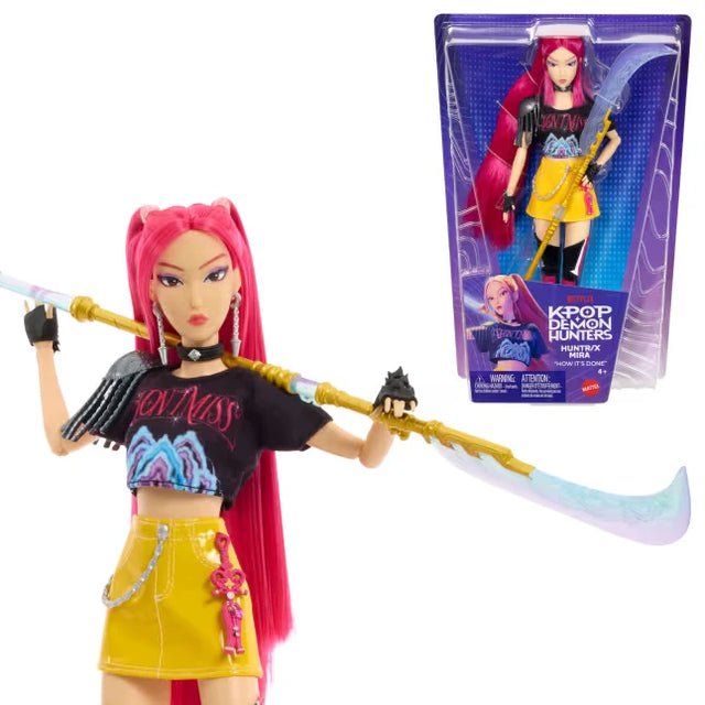 KPop Demon Hunters HUNTR/X Mira Doll holding her Curved Moon Sword beside the retail packaging