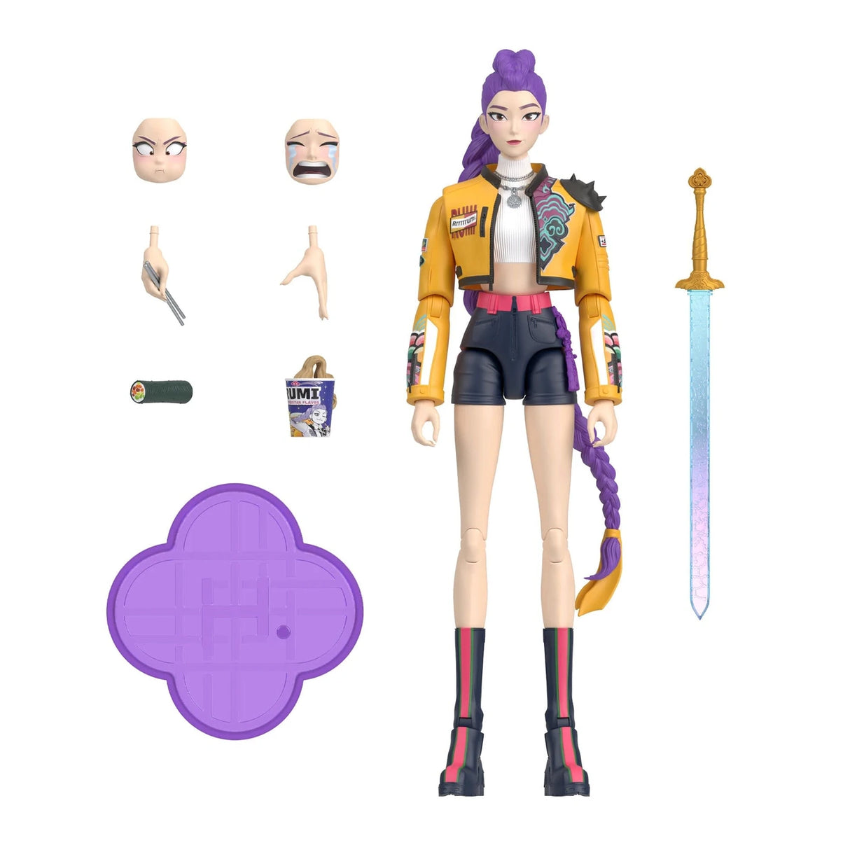 KPop Demon Hunters HUNTR/X Rumi Action Figure with Four Tiger Sword, interchangeable faces and hands, kimbap roll, ramyeon cup and purple display stand