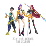KPop Demon Hunters HUNTR/X Rumi Action Figure posed with Zoey and Mira figures, with additional figures not included
