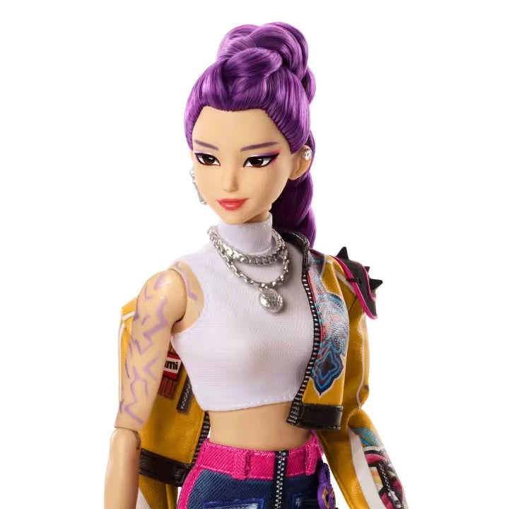 KPop Demon Hunters HUNTR/X Rumi Doll close view showing her purple braided hair, face, jewellery and yellow jacket