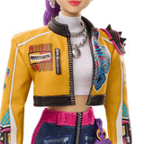 KPop Demon Hunters HUNTR/X Rumi Doll close view of the yellow jacket, patterned sleeve, shoulder detail and jewellery