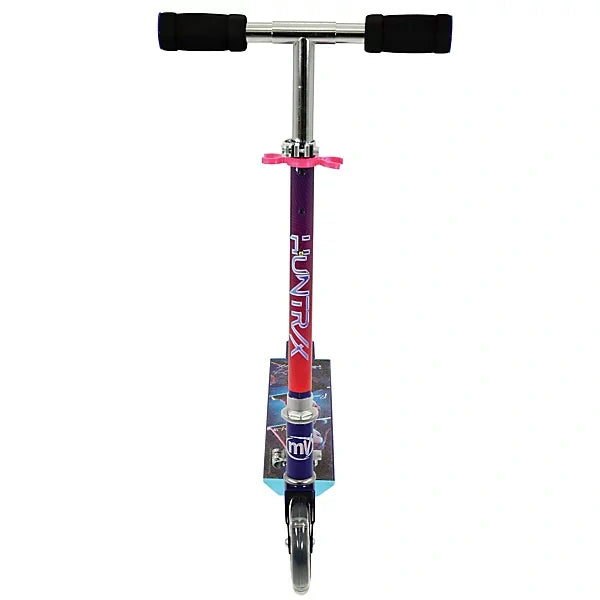 Front view of the KPop Demon Hunters Takedown Folding Scooter showing black handlebar grips, pink adjustment clamp, HUNTR/X branding on the stem and front wheel