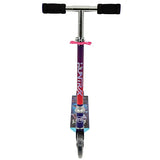 Front view of the KPop Demon Hunters Takedown Folding Scooter showing black handlebar grips, pink adjustment clamp, HUNTR/X branding on the stem and front wheel