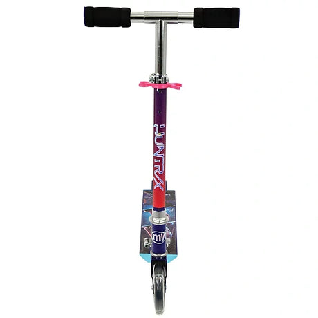 Front view of the KPop Demon Hunters Takedown Folding Scooter showing black handlebar grips, pink adjustment clamp, HUNTR/X branding on the stem and front wheel