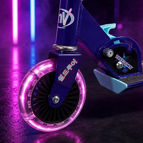 KPop Demon Hunters Takedown Folding Scooter front wheel glowing pink, with purple front fork, Takedown logo, blue folding mechanism and part of the scooter deck