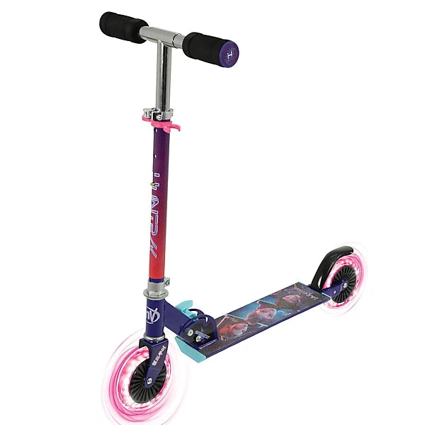 KPop Demon Hunters Takedown Folding Scooter standing upright at an angle, showing the purple and pink handlebar stem, character artwork on the deck and illuminated pink wheels